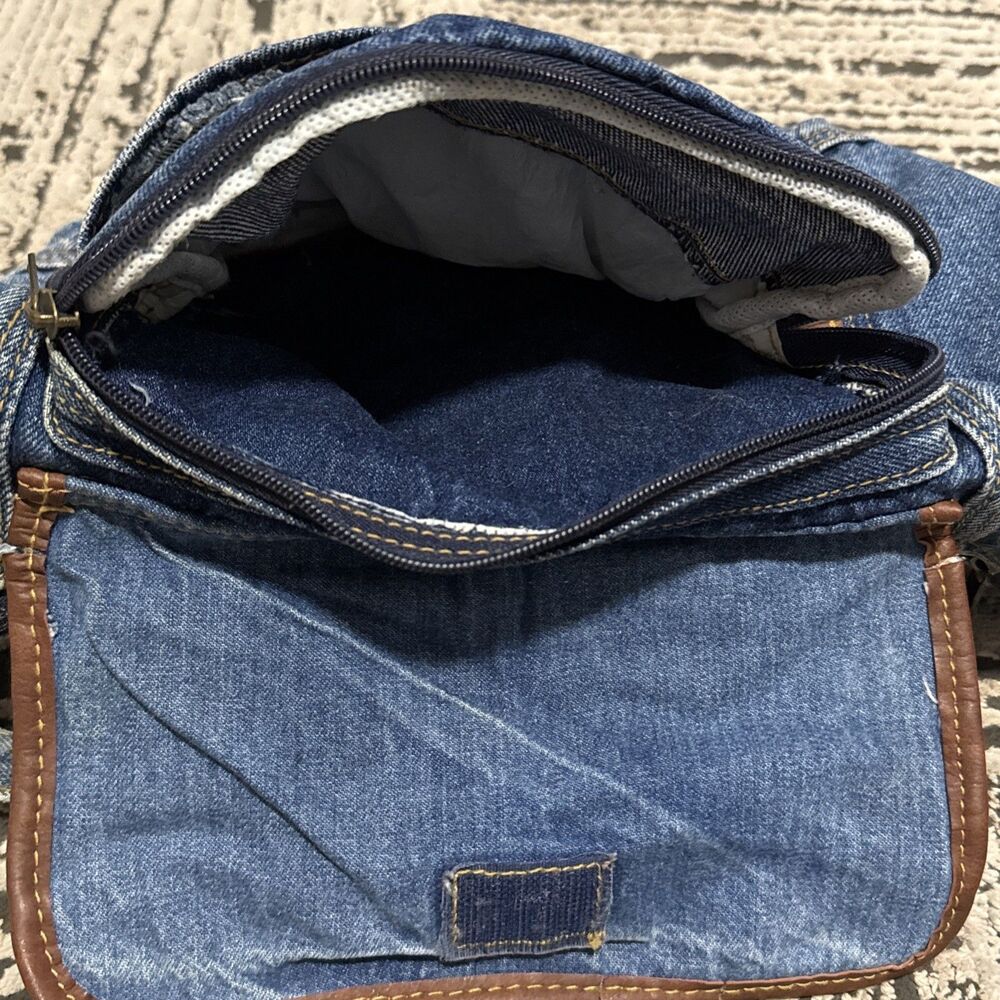 Denim Jean Shoulder Hobo Bag Purse Jean Pockets Leather Y2K Vintage Retro Hippie - Picture 6 of 16